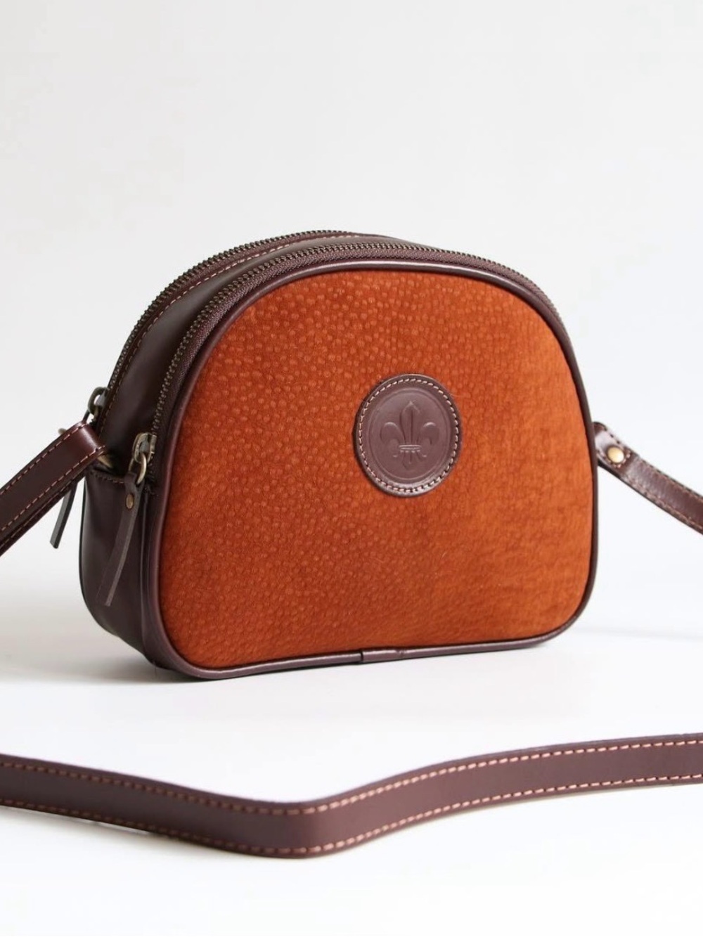 Women's Crossbody Bag in Rust Orange and Brown - Fleur Emblem